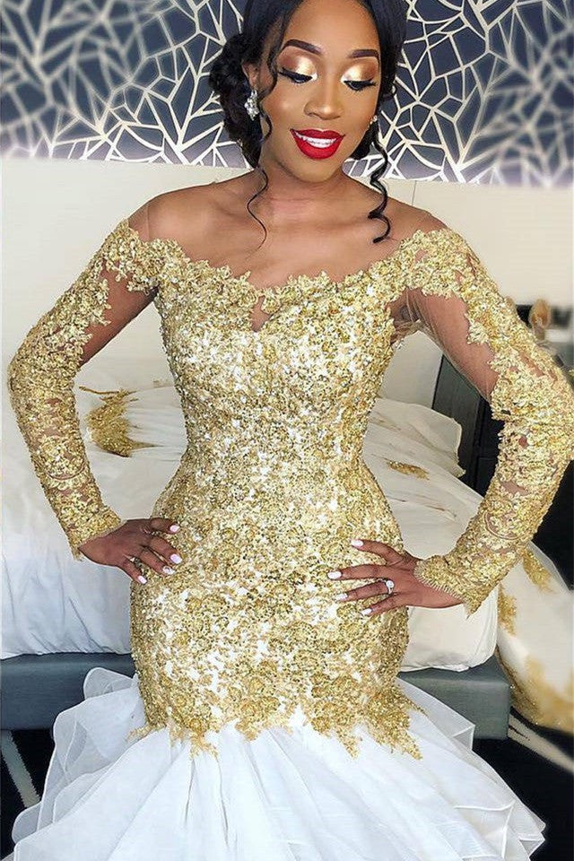 Delicate Gold Lace Long Sleeves Wedding Dress Mermaid Bridal Gown-Ballbella