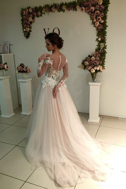Delicate Lace Appliques Tulle Long Sleeve A line Sweep Train Bridal Dress-Ballbella