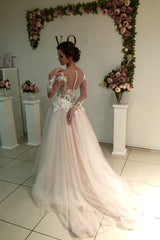 Delicate Lace Appliques Tulle Long Sleeve A line Sweep Train Bridal Dress-Ballbella