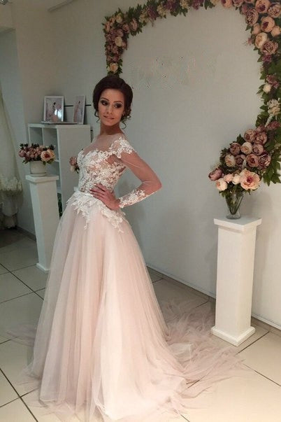 Delicate Lace Appliques Tulle Long Sleeve A line Sweep Train Bridal Dress-Ballbella