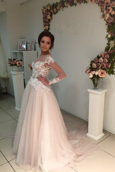 Ballbella offers Delicate Lace Appliques Tulle Long-Sleeve A-line Sweep-Train Bridal Dress at factory price ,all made in high quality, fast delivery worldwide.