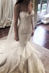 Delicate Mermaid Lace Rufflesd Wedding Dress Spaghetti Strap Bridal Gown-Ballbella