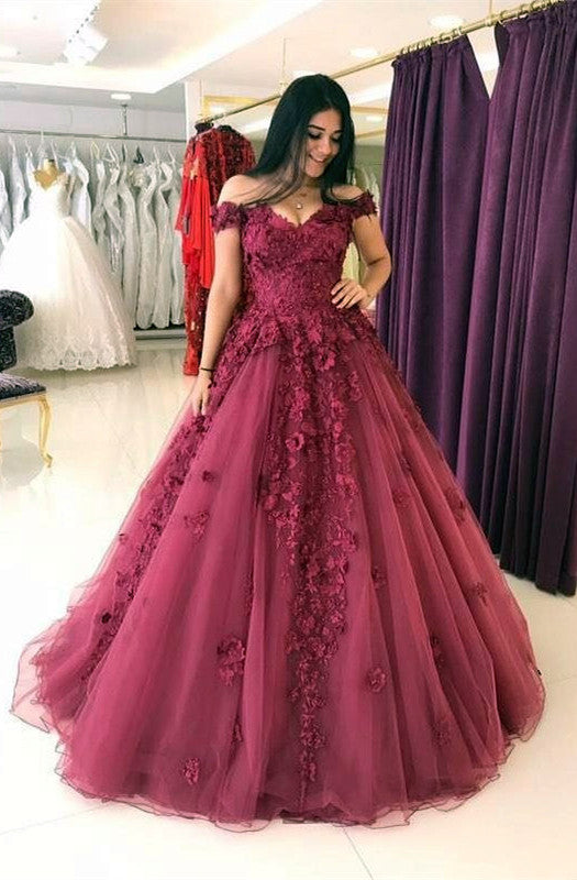 Buy high quality discount Elegant dresses from Ballbella. Delicate Off-the-shoulder Lace Appliques A-line Burgundy Evening Gown. Shipping worldwide,  custom made all sizes & colors. SHOP NOW