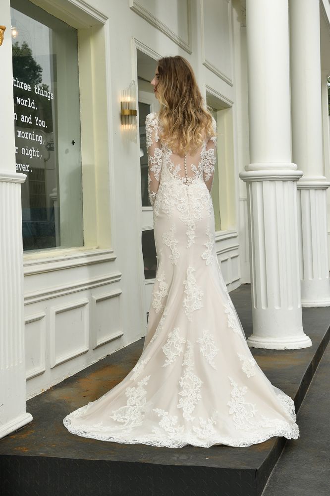 Delicate V Neck High Split Long Sleevess Lace Wedding Dress With Court Train-Ballbella