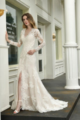 Delicate V Neck High Split Long Sleevess Lace Wedding Dress With Court Train-Ballbella