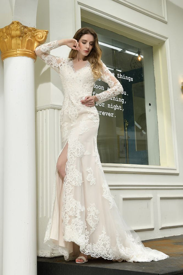 knee length dresses for ladies Open Back Long Sleeve Embroidered Wedding Dress 2 US / Blush main image 1