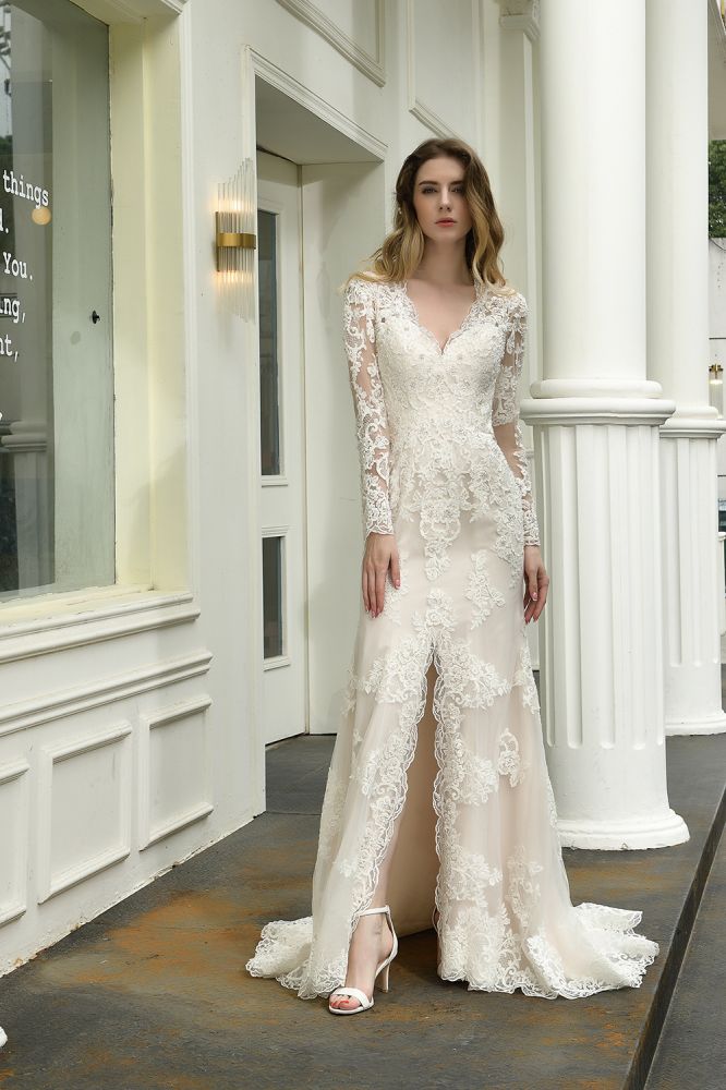 Searching for a perfect wedding dress for your big day. Ballbella has Delicate V-Neck High Split Long Sleevess Lace Wedding Dress avilable in White, Ivroy and champange. Try this simple bridal gowns for your summer wedding.