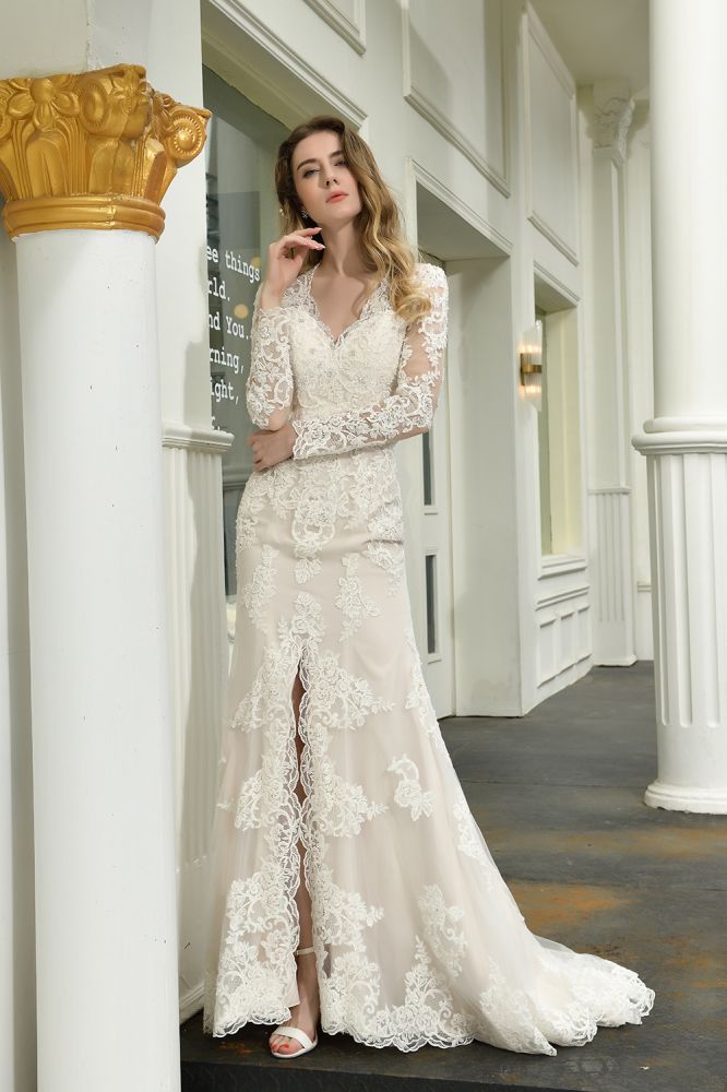 Searching for a perfect wedding dress for your big day. Ballbella has Delicate V-Neck High Split Long Sleevess Lace Wedding Dress avilable in White, Ivroy and champange. Try this simple bridal gowns for your summer wedding.