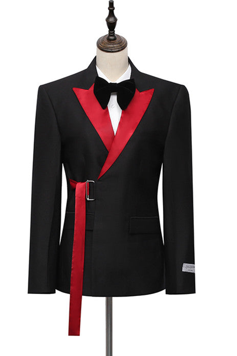 Designer Black Peaked Lapel Slim Fit Men Suits With Adjustable Buckle-Ballbella