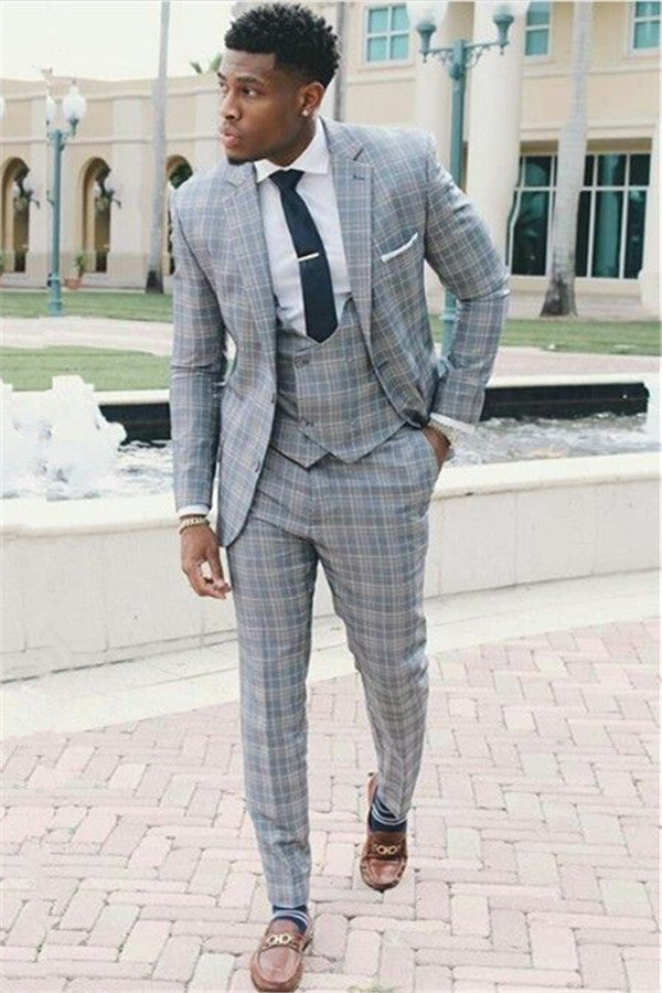 Designer Grid Men Suits Three-Piece Notch Lapel Slim Fit Prom Suit-Ballbella