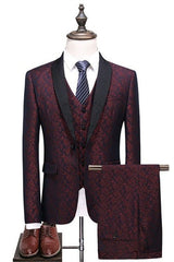 Designer Men's Suits Burgundy Check Design Prom Suits Three Pieces One Button Formal Tuxedos