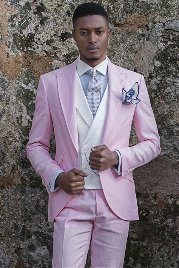 Designer Notch Lapell Groom Tuxedos Pink Prom Men Outfits-Ballbella