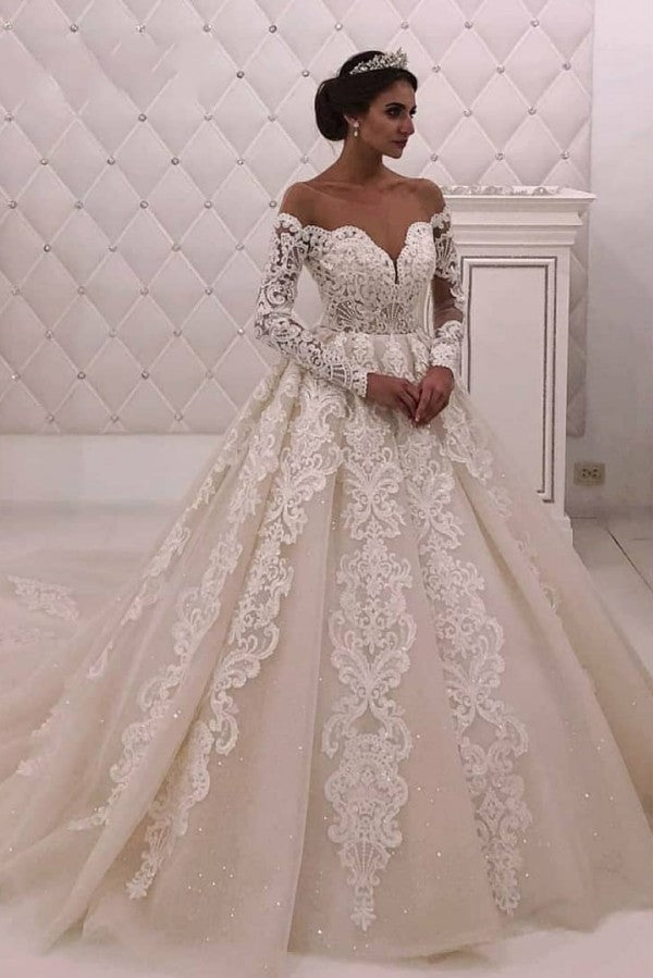 Designer Off theshoulder Lace Princess White wedding dress-Ballbella