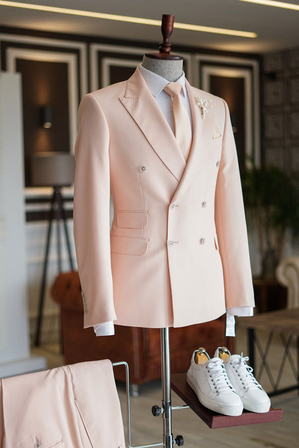 Designer Pink Peaked Lapel Double Breasted Bespoke Prom Suits For Men
