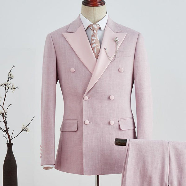 Designer Pink Plaid Peaked Lapel Double Breasted Prom Suit-Ballbella
