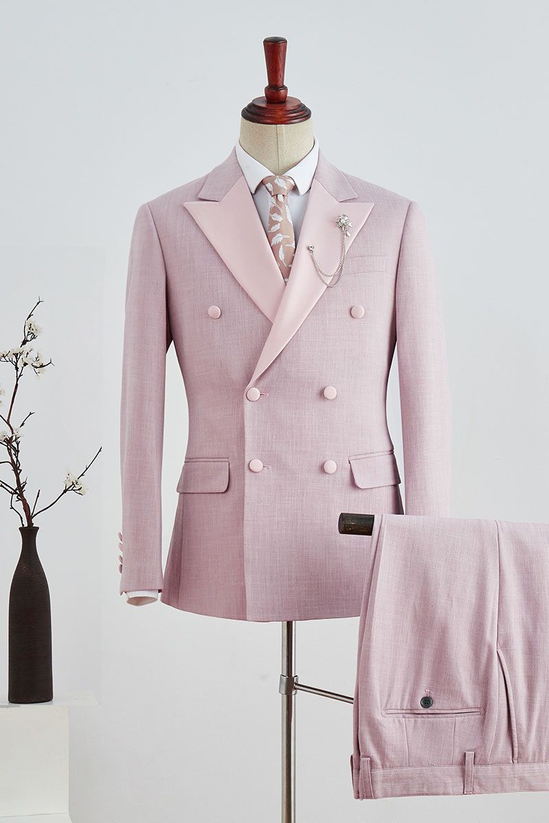 Designer Pink Plaid Peaked Lapel Double Breasted Prom Suit