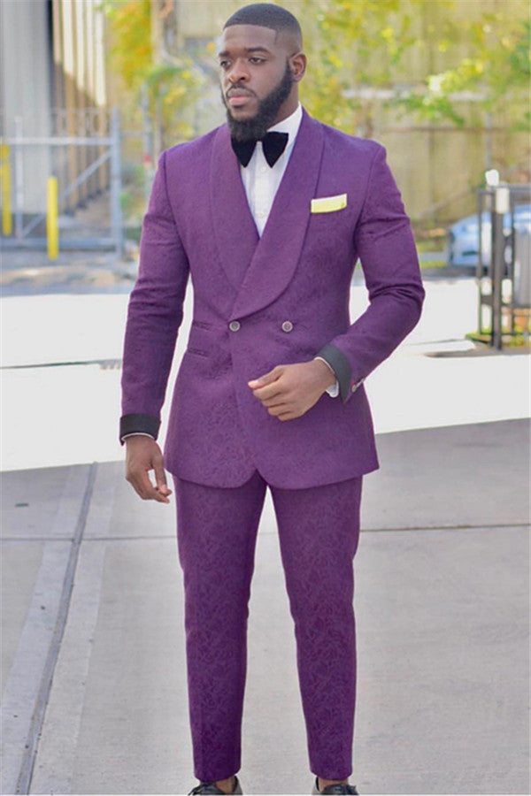 Designer Purple Slim Fit Groom Tuxedos Jacquard Prom Outfits Suits