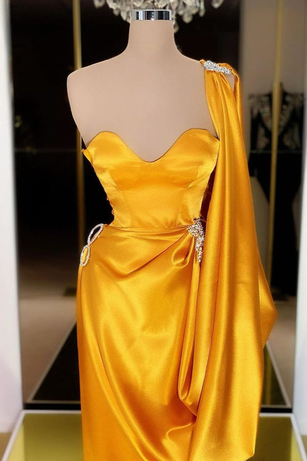 Designer Yellow Gold One Shoulder Long Evening Prom Dress With Ruffles-Ballbella