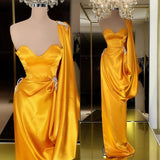 Designer Yellow Gold One Shoulder Long Evening Prom Dress With Ruffles-Ballbella