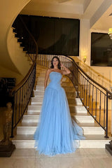 Dreamy Blue Strapless Sleeveless Tulle Prom Dress A-Line Long With Beads Pleats-Ballbella