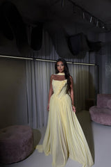 Dreamy Daffodil Strapless Sleeveless Chiffon Prom Dresses A-Line Long With Pleats-Ballbella