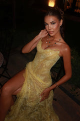 Dreamy Daffodil Sweetheart Strapless Sleeveless Lace Prom Dress Mermaid Side Split With Lace-Up Back-Ballbella