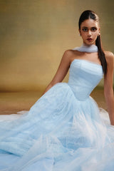 Dreamy Sky Blue Strapless Sleeveless Tulle Prom Dresses A-Line With Pleats-Ballbella