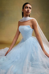 Dreamy Sky Blue Strapless Sleeveless Tulle Prom Dresses A-Line With Pleats-Ballbella