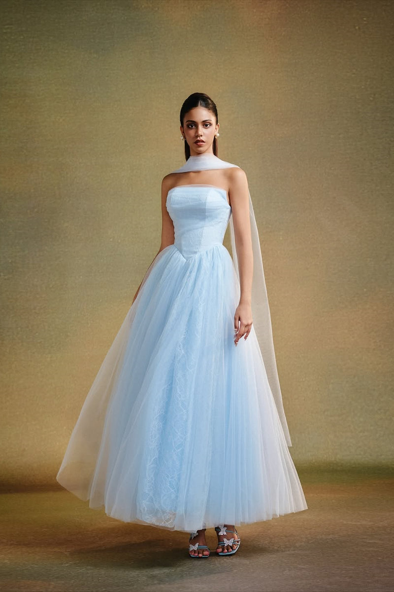 sky blue dress prom Dreamy Strapless Sleeveless Tulle Dresses A-Line With Pleats Ball Gown Prom Dress Color:Cocoa MerchCategory4:MAXI DRESS Shirt Dress Loft Striped