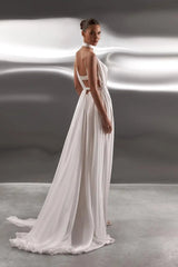 Dreamy White Spaghetti-Straps V-Neck Chiffon Prom Dresses Backless With Pleats-Ballbella