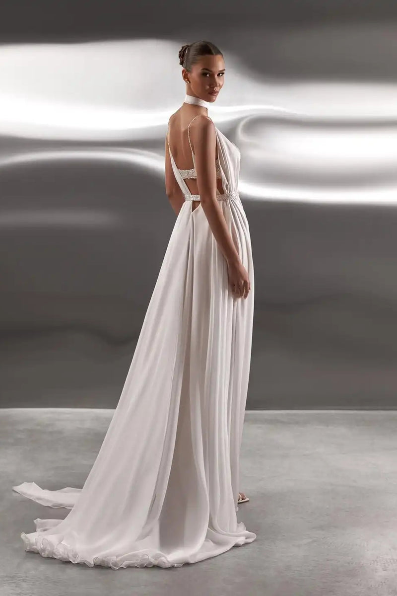 backless chiffon prom dress A-Line Halter Backless Pleated Blue Chiffon Long Prom Dresses, Blue / 0