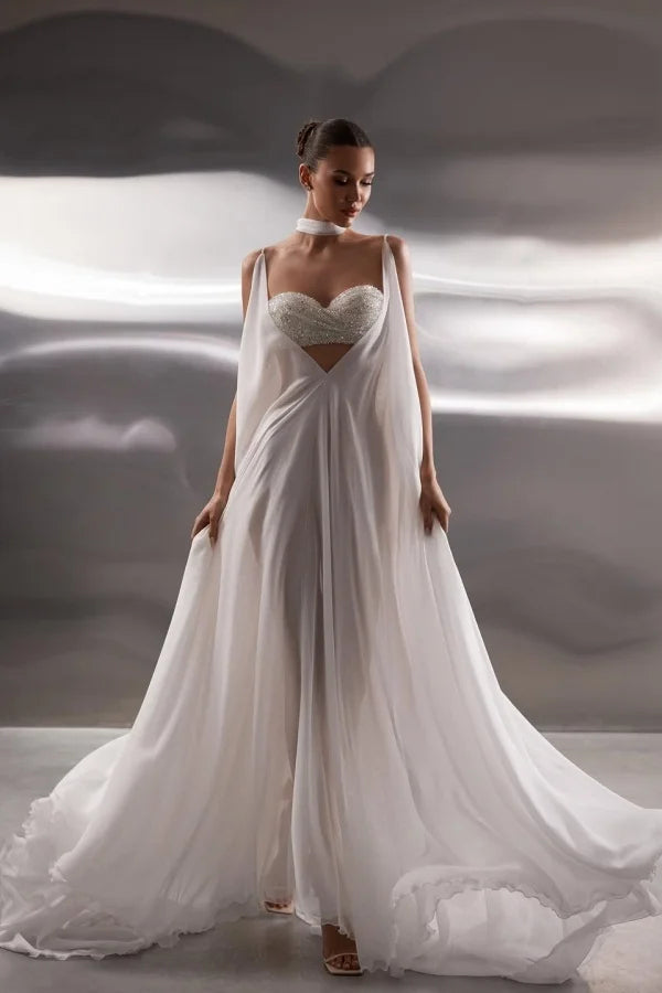 backless prom dresses white Dreamy Spaghetti-Straps V-Neck Chiffon With Pleats Embellishment_Beading Sweetheart Sleeves Cora Backless Maxi Dress Cup size:C