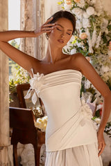 Dreamy White Strapless Sleeveless Chiffon Prom Dress A-Line Lace-Up Back With Flower-Ballbella