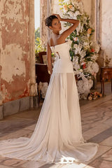 Dreamy White Strapless Sleeveless Chiffon Prom Dress A-Line Lace-Up Back With Flower-Ballbella