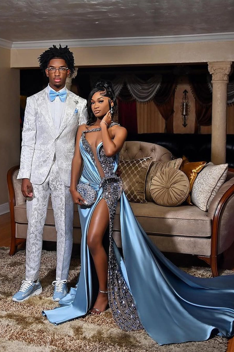 Dusty Blue One shoulder High Split Beaded Long Prom Dresses Dusty Blue One shoulder High Split Beaded Long Prom Dresses