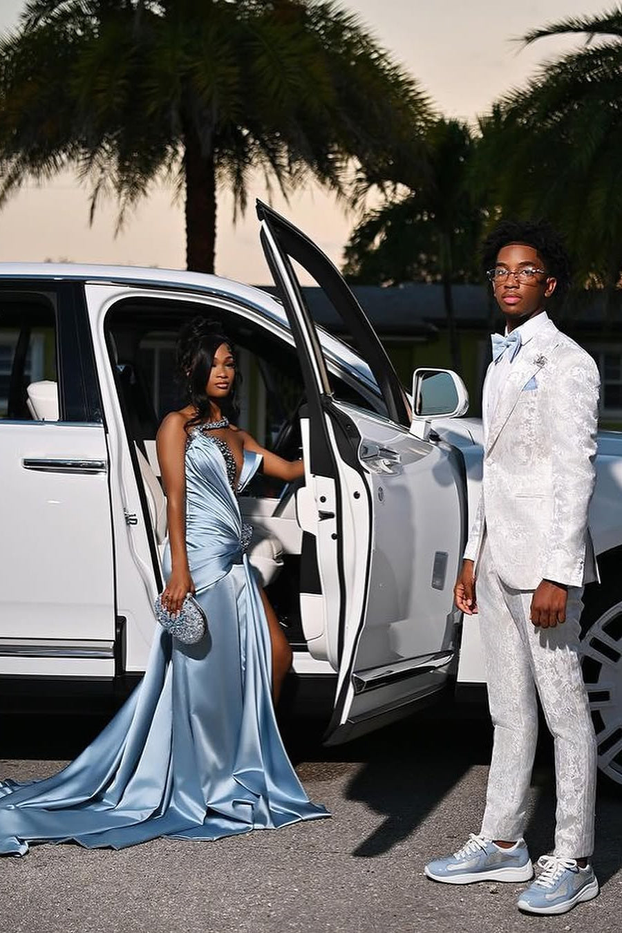 open lace back dress Dusty Blue One shoulder High Split Beaded Long Prom Dresses