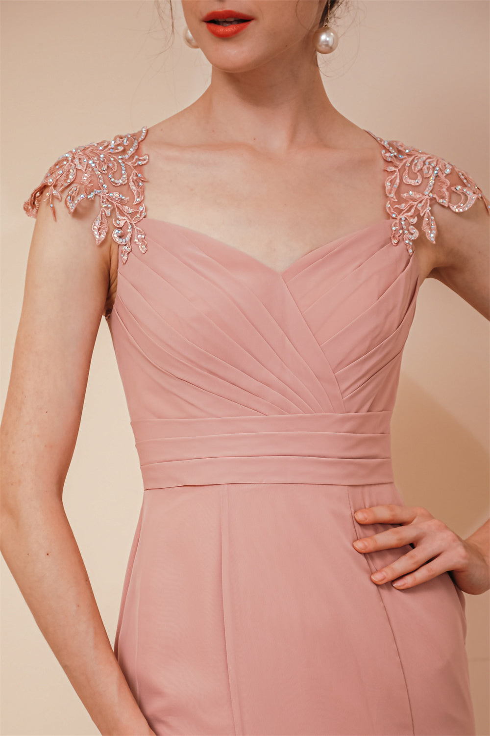 Dusty Pink Cap sleeves Chiffon Column Evening Dress, Dusty Pink / US2 Dusty Pink Cap sleeves Chiffon Column Evening Dress, Dusty Pink / US2