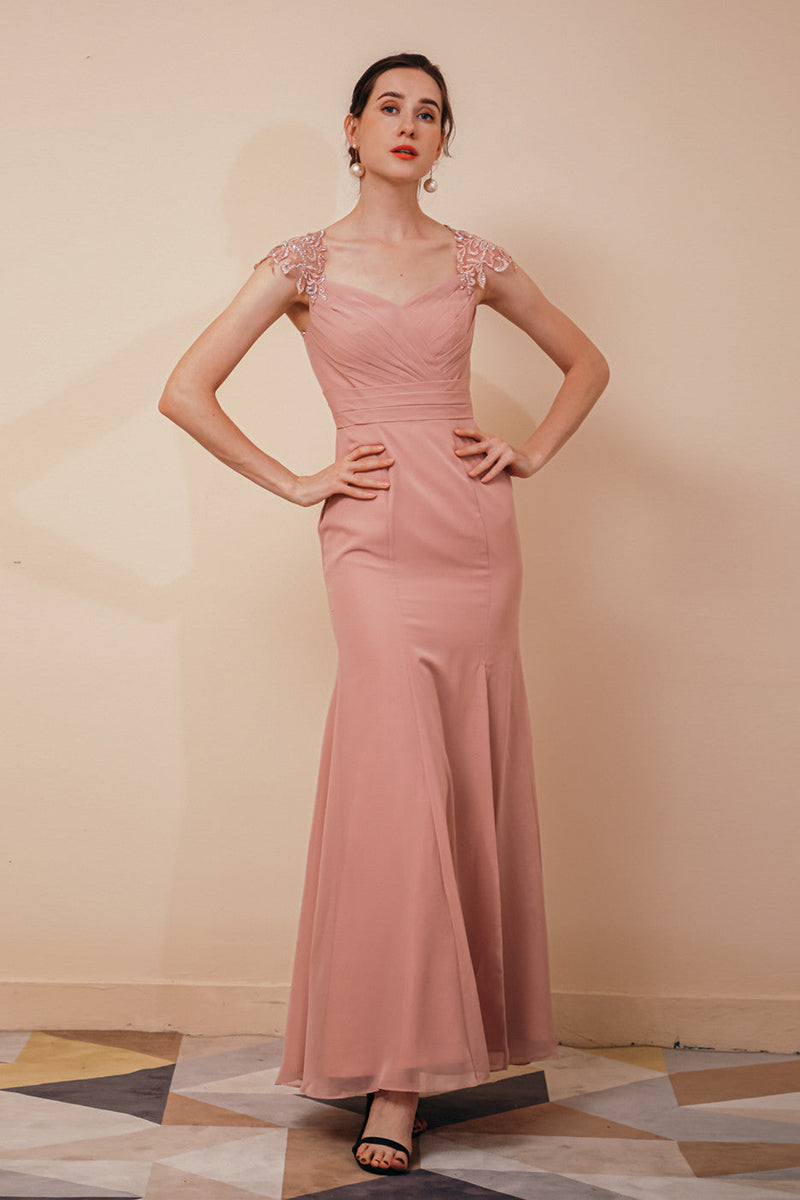 Dusty Pink Cap sleeves Chiffon Column Evening Dress, Dusty Pink / US2 Dusty Pink Cap sleeves Chiffon Column Evening Dress, Dusty Pink / US2