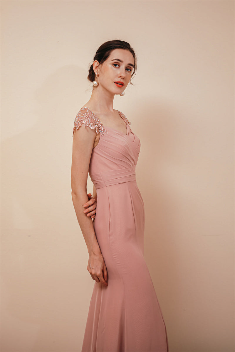 Dusty Pink Cap sleeves Chiffon Column Evening Dress-Ballbella