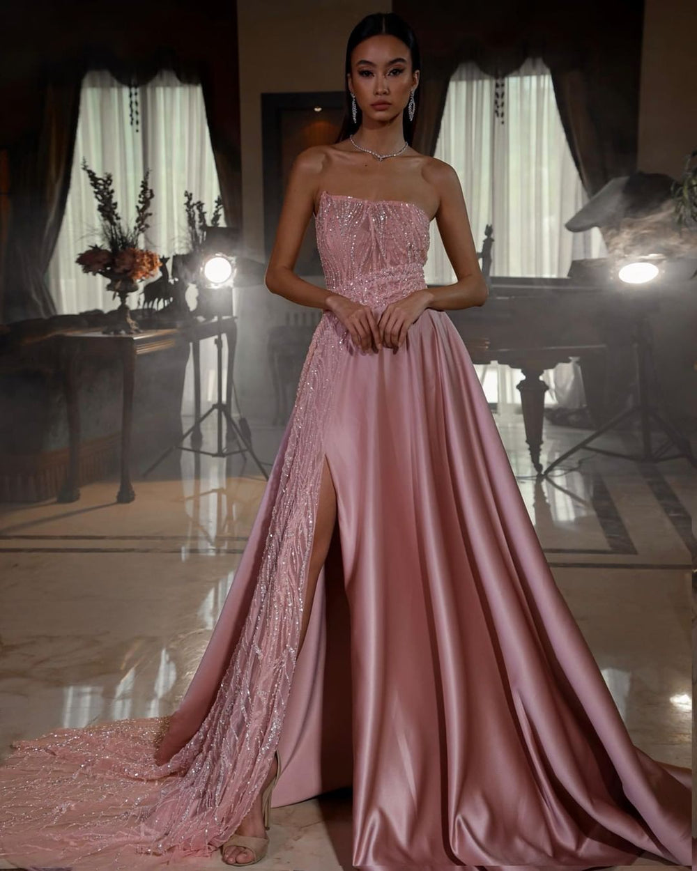 dusty pink dress maxi Dusty Pink Strapless Sequins Evening Dress Long Slit On Sale
