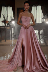 Dusty Pink Strapless Sequins Evening Dress Long Slit On Sale-Ballbella