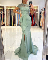 Dusty Sage High neck Lace column Long Buttons Split Short sleeves Evening Dress-Ballbella