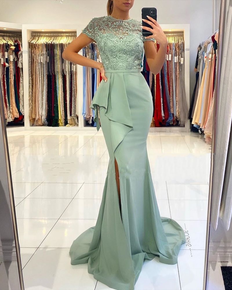 Dusty Sage High neck Lace column Long Buttons Split Short sleeves Evening Dress-Ballbella
