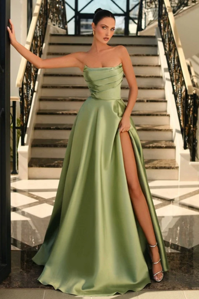 Dusty Sage Strapless Sleeveless Silk like satin A-line High Split Prom Dresses Dusty Sage Strapless Sleeveless Silk like satin A-line High Split Prom Dresses