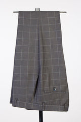 Dark Gray Plaid Business Suit with Double-Breasted Satin Lapel