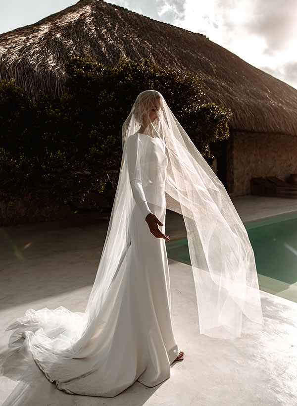 Elastic Satin Long Sleeves Mermaid Fitted Wedding Dress-Ballbella
