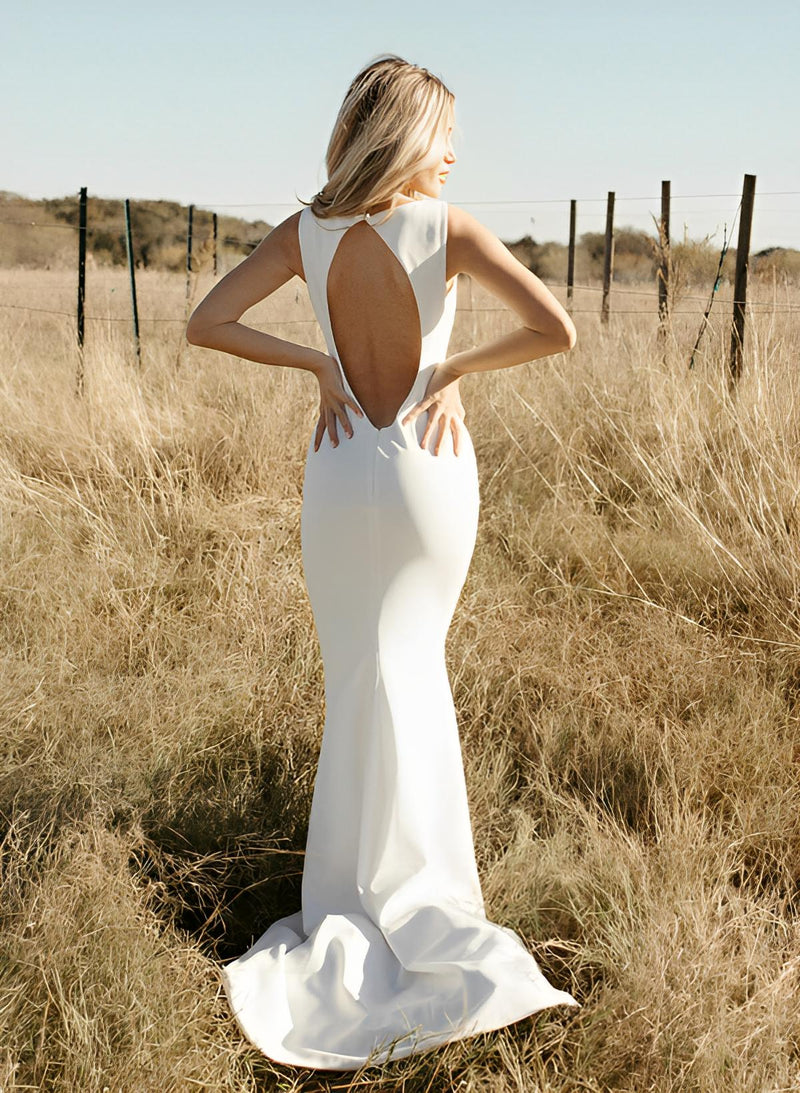 Elastic Satin Sleeveless Sweep Train Mermaid Fitted Scoop Neck Wedding Dresses Elastic Satin Sleeveless Sweep Train Mermaid Fitted Scoop Neck Wedding Dresses