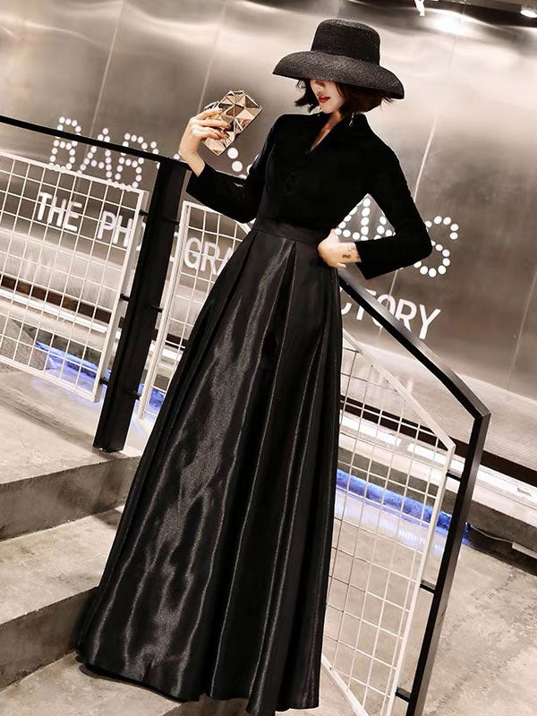 Eleagnt Black Evening Dresses Long V Neck Velvet Satin Patchwork Maxi Dresses-Ballbella