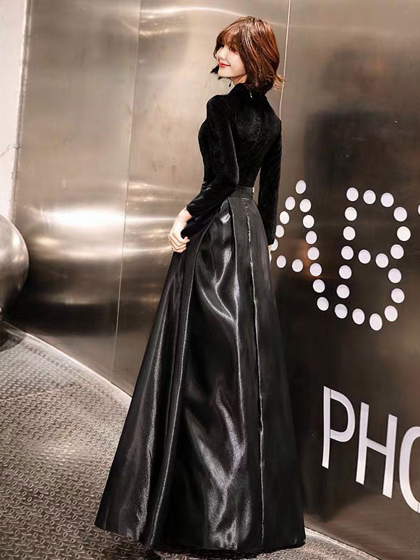 Eleagnt Black Evening Dresses Long V Neck Velvet Satin Patchwork Maxi Dresses, Black / US2 Eleagnt Black Evening Dresses Long V Neck Velvet Satin Patchwork Maxi Dresses, Black / US2