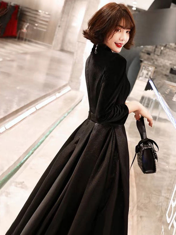 Eleagnt Black Evening Dresses Long V Neck Velvet Satin Patchwork Maxi Dresses-Ballbella